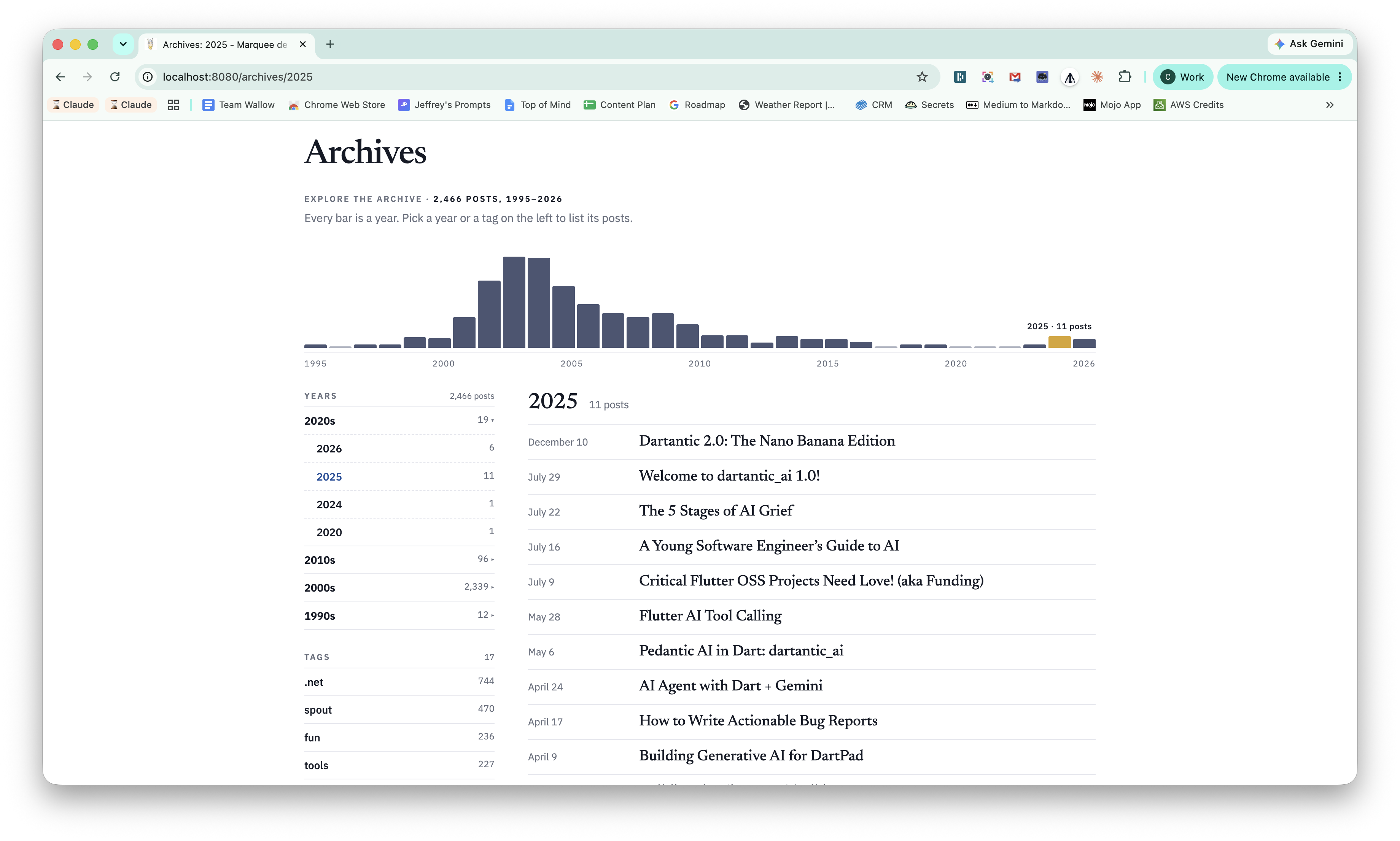 The archive browser with 2025 selected, showing a timeline of posts from 1995 through 2026, decade and tag navigation, and the year's article titles.