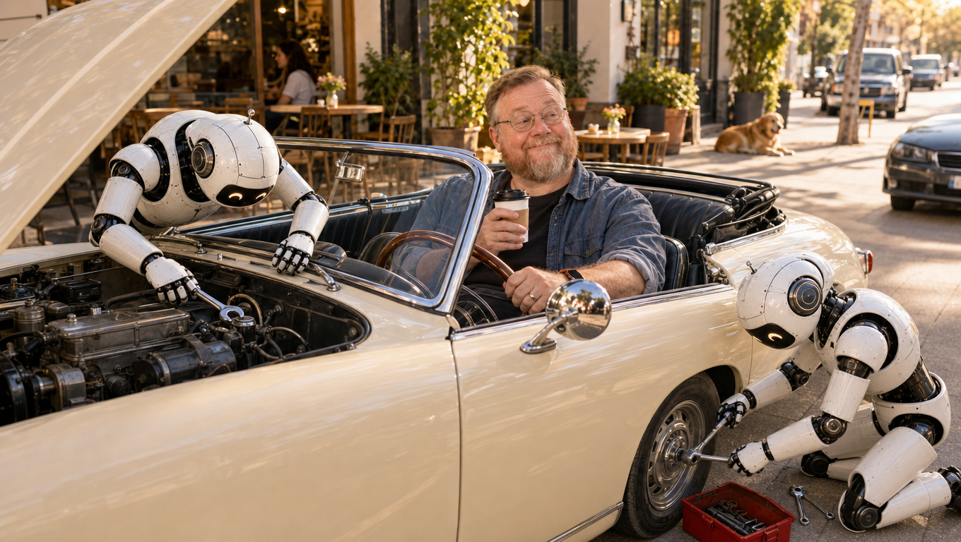 Chris Sells holding coffee in the driver's seat of a vintage convertible while two robot agents repair the car, one under the open hood and one at a wheel beside a toolbox.