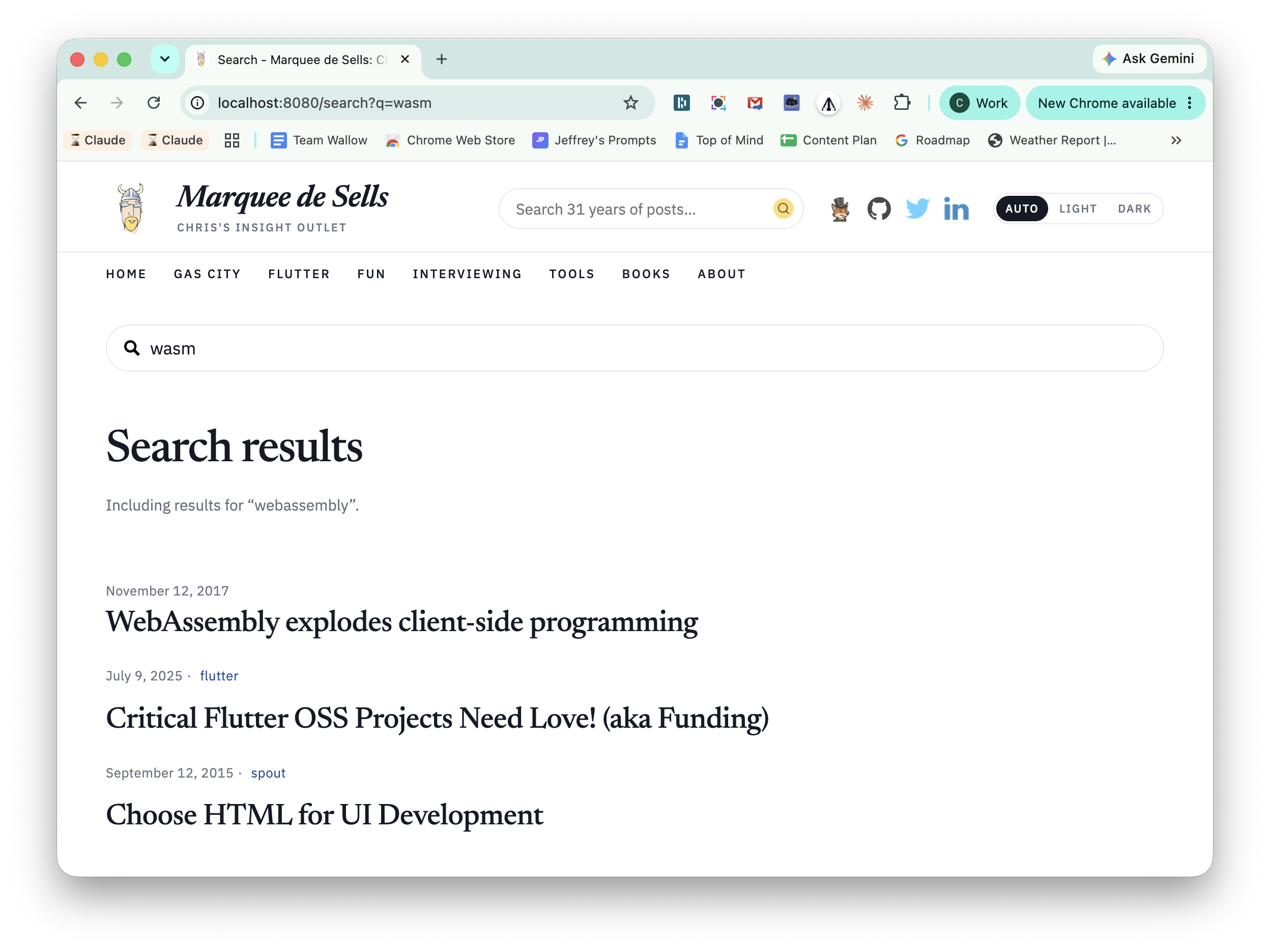 A local search for wasm includes results for webassembly and lists WebAssembly explodes client-side programming first.